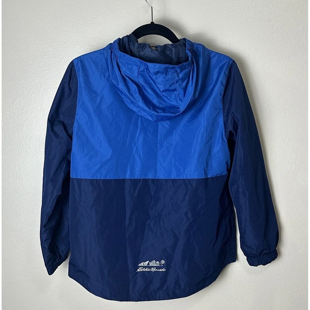 Eddie Bauer Windbreaker Jacket Kids 10/12 Blue Full Zip Pockets Hood‎